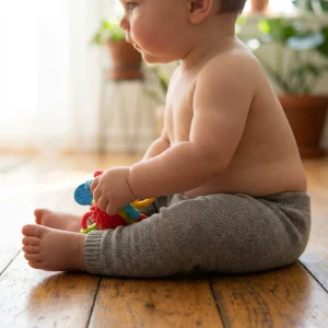 Profilansicht eines pummeligen barbrüstigen Babys in grauen Hosen auf glänzendem Holzfußboden, spielend mit buntem Spielzeug, Topfpflanzen im Hintergrund