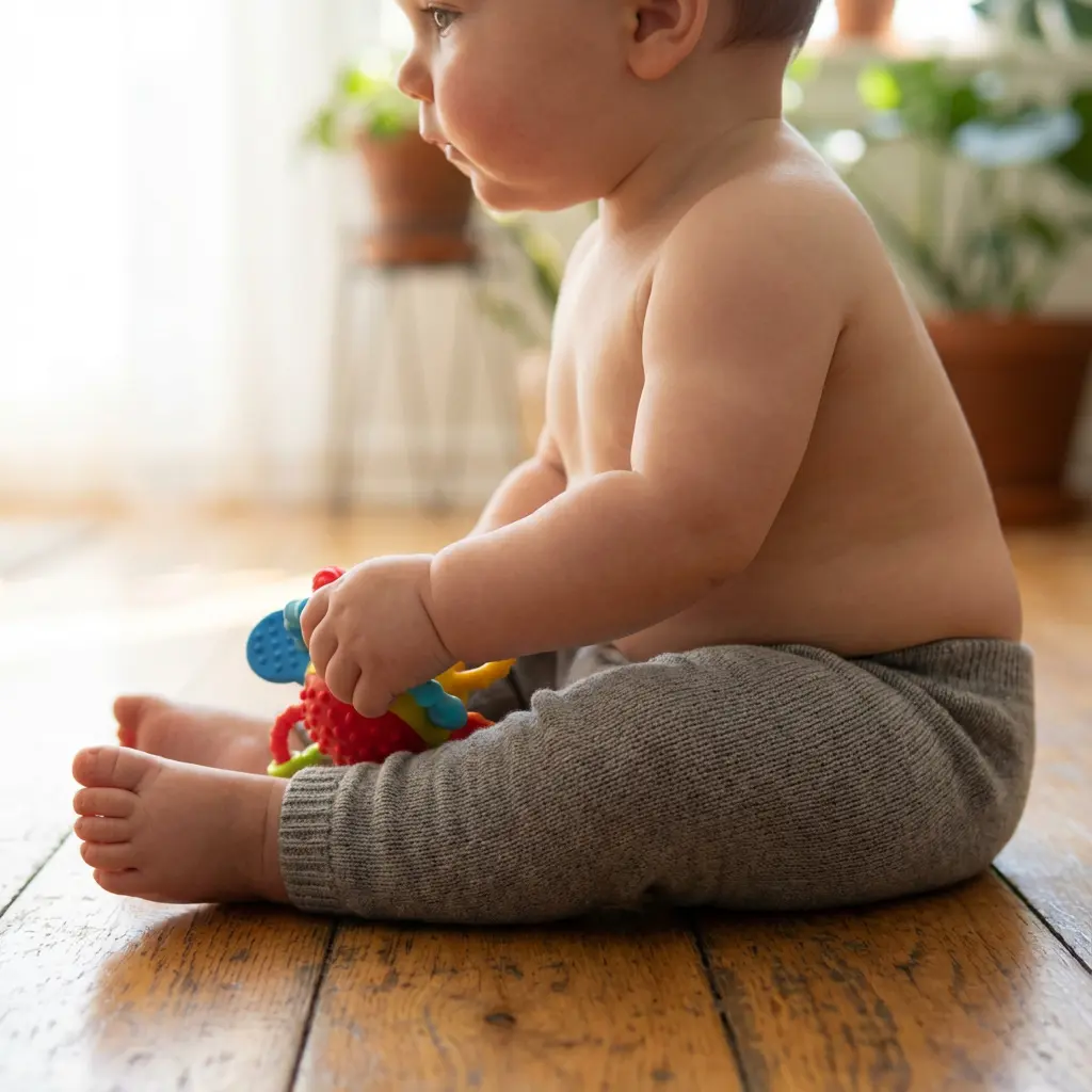 Profilansicht eines pummeligen barbrüstigen Babys in grauen Hosen auf glänzendem Holzfußboden, spielend mit buntem Spielzeug, Topfpflanzen im Hintergrund