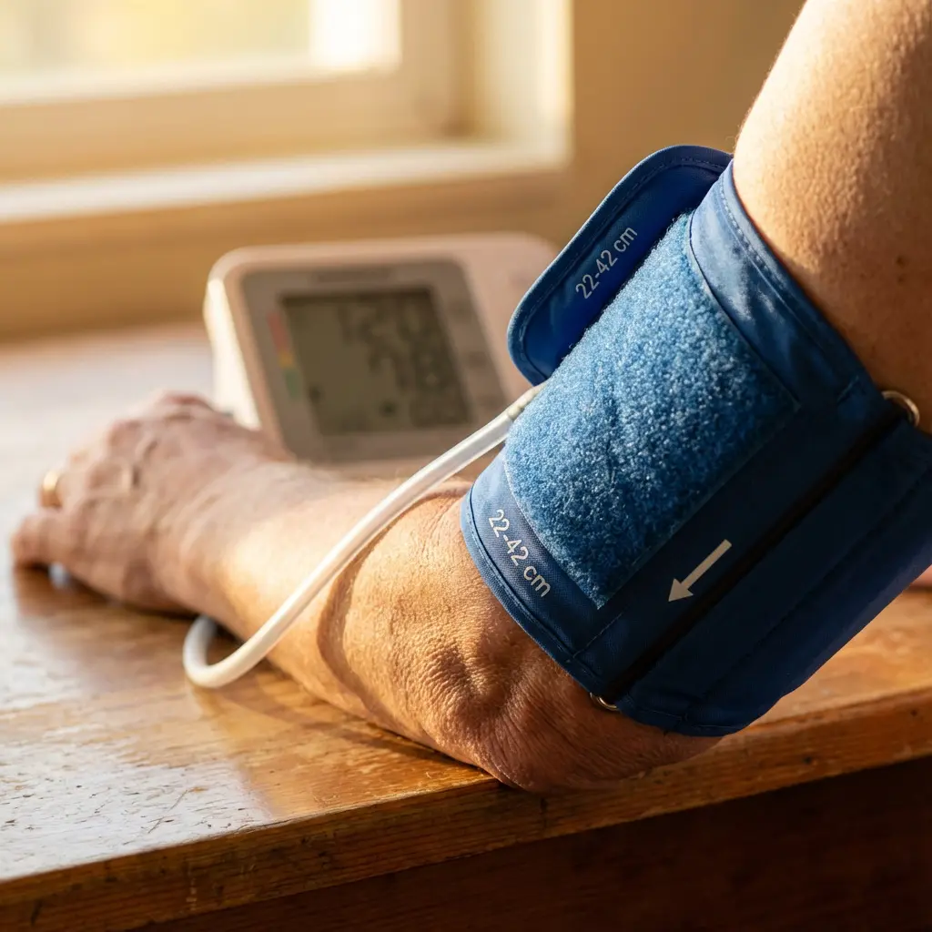 Nahaufnahme eines Arms mit blauer automatischer Blutdruckmanschette (22-42 cm) am digitalen Messgeraet auf Holzoberflaeche bei warmem Tageslicht