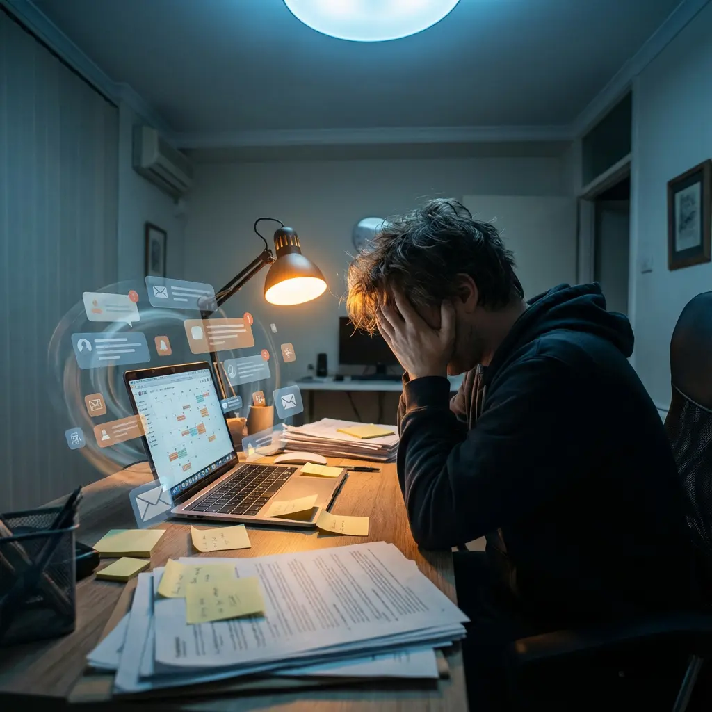 Gestresster Mann mit Gesicht in Händen am vollgestellten Schreibtisch, Laptop mit digitalen Benachrichtigungen, Papiere und Kleberzettel im schwachen Licht