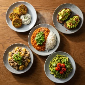 Draufsicht auf fuenf vegetarische Gerichte auf Holztisch: Fritter mit Dip, Linsen Reis, Avocado-Toast, Gnocchi Pilze, gruene Pasta