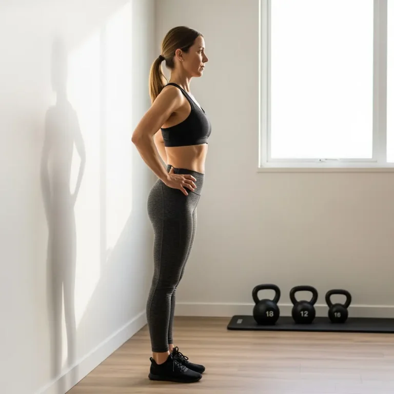 Profilansicht fitte Frau in Sport-BH und Leggings, Haende in die Huette, Schatten an Wand, Kettlebells auf Matte am Fenster im Fitnessraum