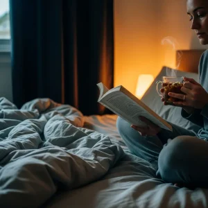 Gemütliche Frau im Bett vertieft in Buch, hält dampfenden Glasbecher Tee, sanft beleuchtet von warmer oranger Bettlampenlicht