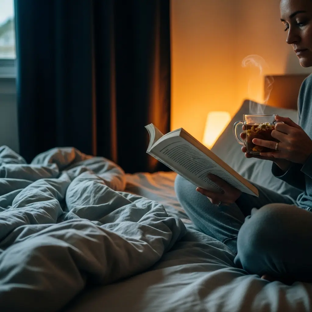 Gemütliche Frau im Bett vertieft in Buch, hält dampfenden Glasbecher Tee, sanft beleuchtet von warmer oranger Bettlampenlicht