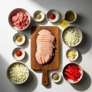 Draufsicht auf frische Zutaten auf weisser Kuechenarbeitsplatte: geschnittene rohe Huehnchenbrust, Hackfleisch, gehackte Zwiebeln, rote Paprikastreifen, Knoblauch, Gewuerze, Olivenoel