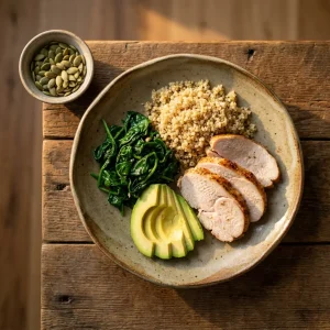 Draufsicht auf ausgewogenes gesundes Mahl auf rustikalem Keramikteller: luftig weiches Quinoa, Spinat, gegrillte Haahnchenbrust, Avocadohaelfte, Kuerbiskerne auf Holztablett