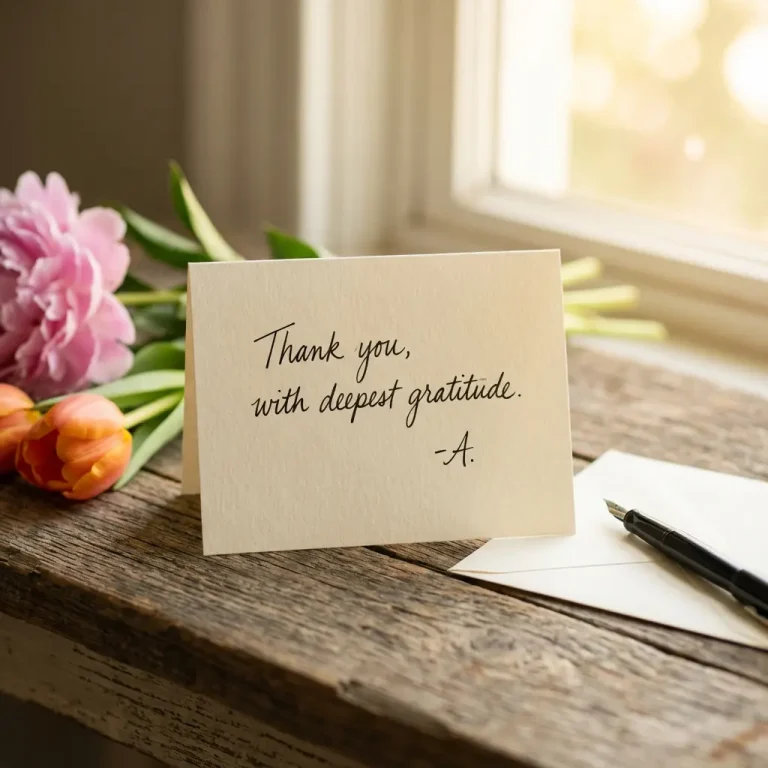 Cremeweisse Dankeskarte mit handschriftlicher Dankesbotschaft auf rustikalem Holz, hellrosa Pfingstrose, orange Tulpen, schwarzer Fuellfederhalter, weisser Umschlag in weichem natuerlichem Licht