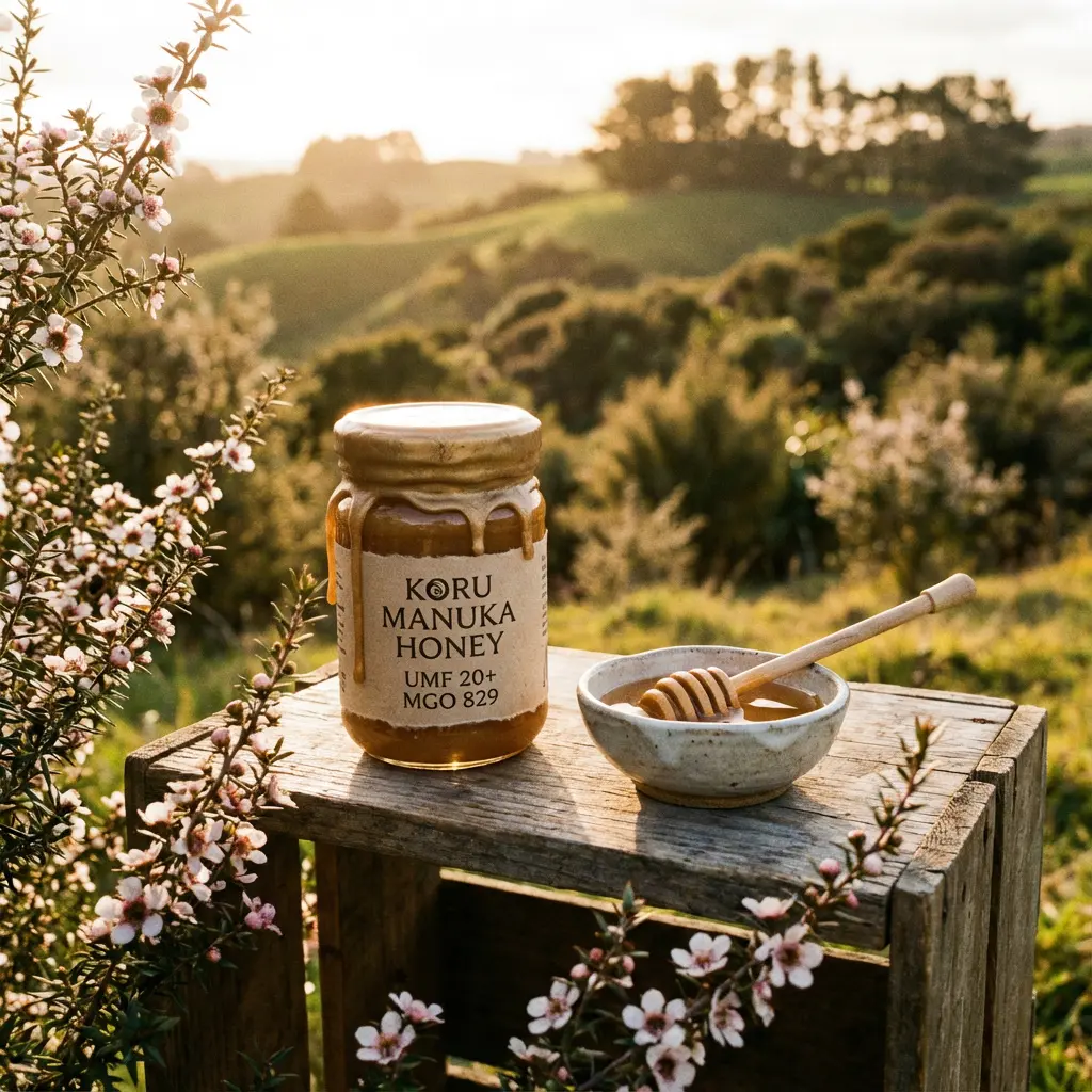Koru Manuka Honig UMF 20+ MGO 829 Glas mit Tropfen, Honigschale, Holzloeffel auf Kiste, Manuka-Bluetenzweige, huegelige Landschaft im goldenen Sonnenlicht