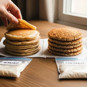 Hand legt fluffigen goldbraunen Mandelmehl-Pancake auf Stapel neben dichteren texturierten Kokosmehl-Pancakes mit beschrifteten Beuteln