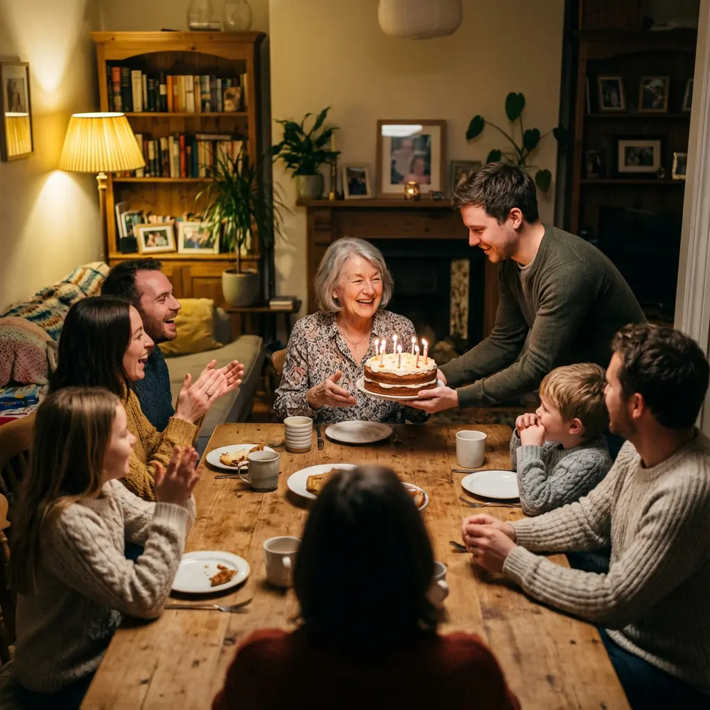 Mehrgenerationen-Familie feiert Geburtstag einer aelteren Frau mit Kuchen und fuenf angezuendeten Kerzen am rustikalen Holztisch im gemuetlichen Zuhause