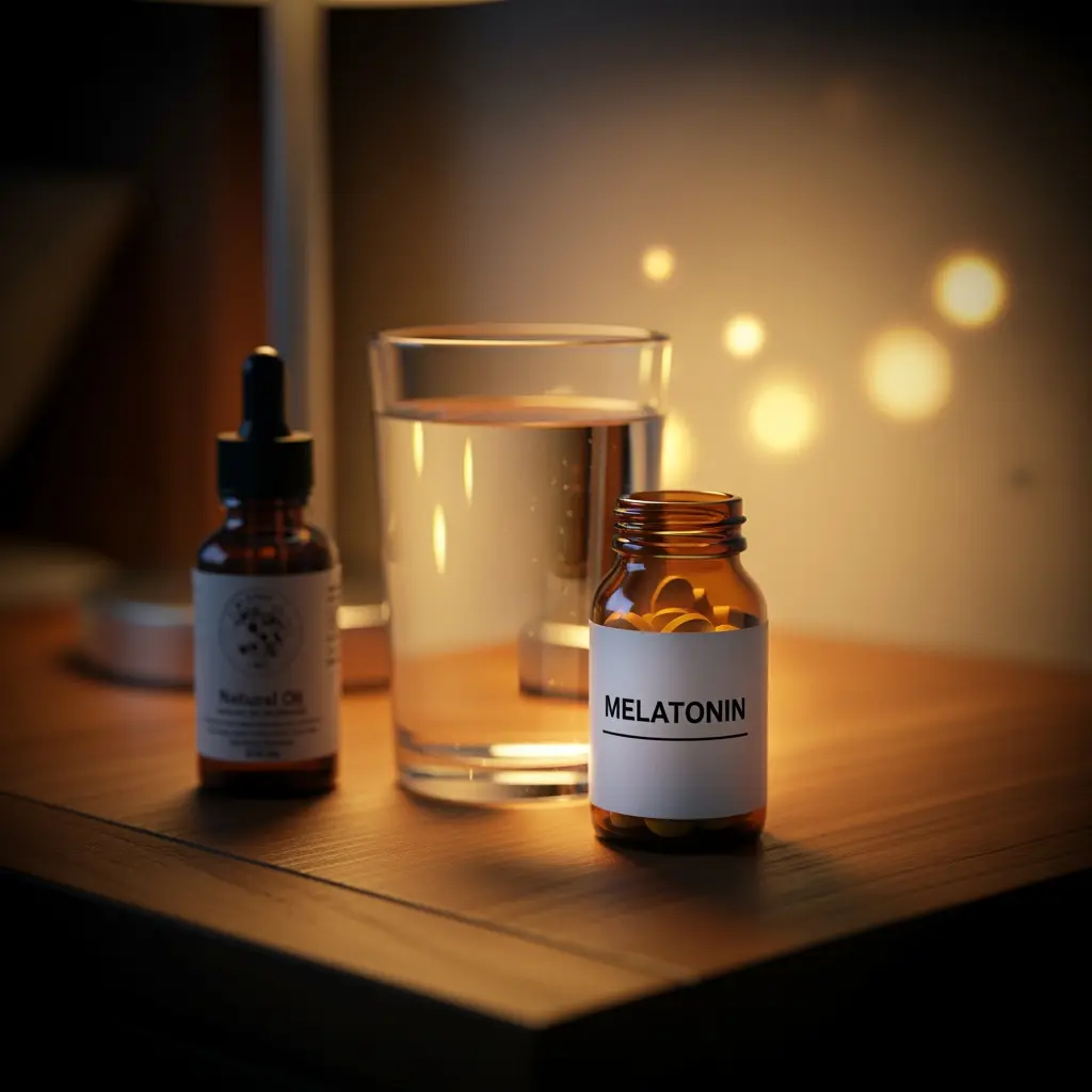 Ruhige Nachttisch-Szene mit Bernstein-Melatonin-Flasche, gelben Pillen, Wasserglas und Natural-Oil-Pipette im warmen Bokeh-Licht