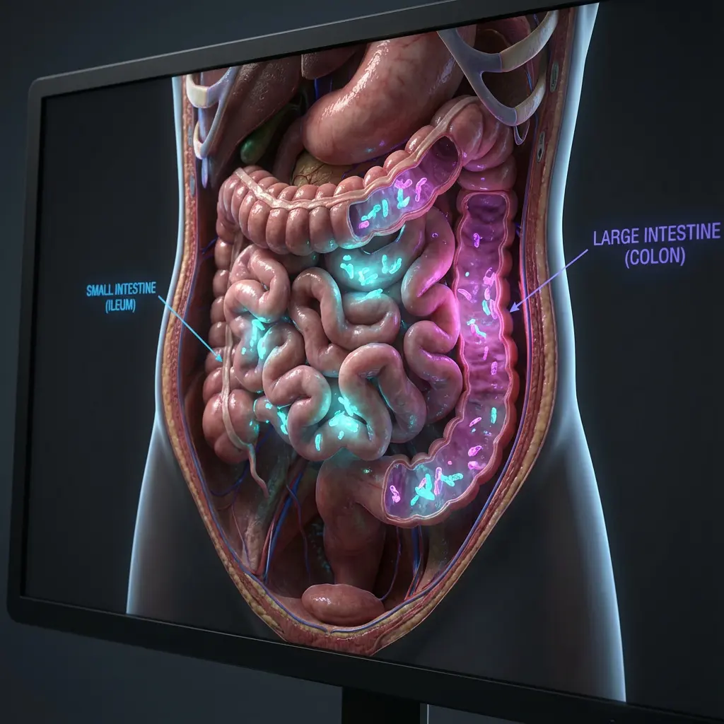 3D-Rendering des menschlichen Verdauungssystems auf Monitor: durchsichtiger Duenndarm (Ileum) mit blauen Mikroben, umgebender Dickdarm mit pink-violetten Bakterien