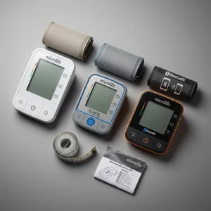Drohnenblick auf Microlife digitale Blutdruckmessgeraete in weiss, grau-blau, schwarz-orange mit Armmanschetten, Massband, Anleitung auf grauem Hintergrund