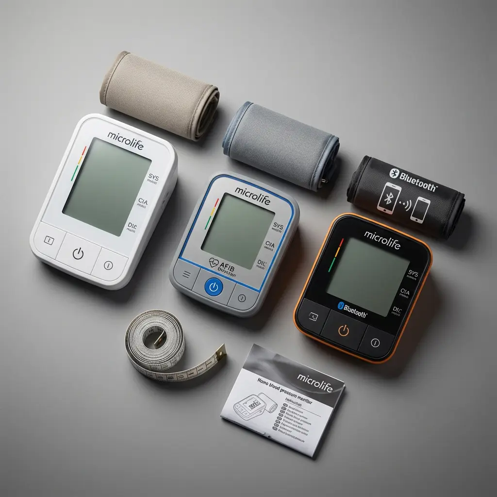 Drohnenblick auf Microlife digitale Blutdruckmessgeraete in weiss, grau-blau, schwarz-orange mit Armmanschetten, Massband, Anleitung auf grauem Hintergrund