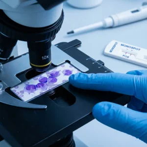 Forscher mit blauem Schutzhandschuh analysiert Blutausstrich mit purpurnen Leukozyten unter 10x-Mikroskopobjektiv, positiver Monospot-Test im Hintergrund
