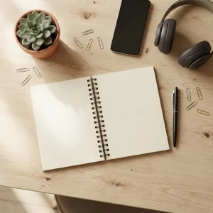Draufsicht auf hellen Holztisch mit leerem spiralgebundenem Notizbuch, Stift, Smartphone, Kopfhörern, Sukkulente und Büroklammern