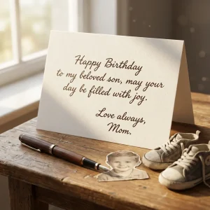 Herzerwärmende cremefarbene Geburtstagskarte mit mütterlicher Nachricht an Sohn, Füllfederhalter, Babyfoto und Schuhe auf rustikalem Holz bei weichem Fensterlicht