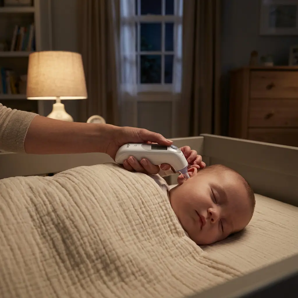Erwachsenenhand misst sanft schlafendem Baby mit Ohrthermometer die Temperatur im Bettchen, gemütliches Schlafzimmer nachts
