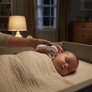 Erwachsenenhand misst sanft schlafendem Baby mit Ohrthermometer die Temperatur im Bettchen, gemütliches Schlafzimmer nachts