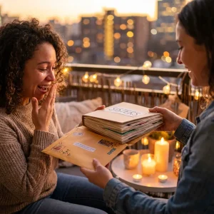 Zwei Frauen teilen Freude auf Abendbalkon: Lockenhaar-Frau staunt ueber 'SCHWESTERN'-Scrapbook-Geschenk von Freundin in Jeansjacke, beleuchtet von Lichterketten und Kerzen.