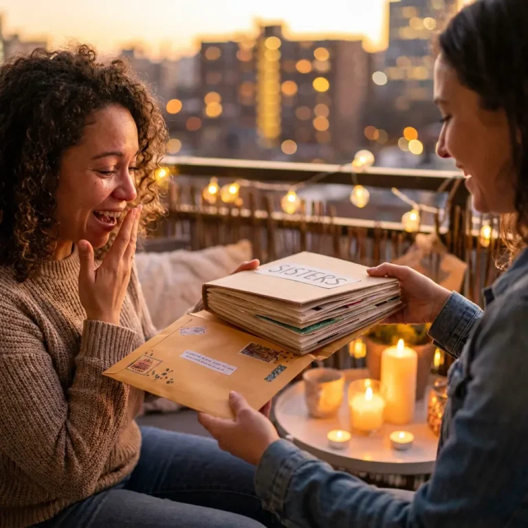 Zwei Frauen teilen Freude auf Abendbalkon: Lockenhaar-Frau staunt ueber 'SCHWESTERN'-Scrapbook-Geschenk von Freundin in Jeansjacke, beleuchtet von Lichterketten und Kerzen.