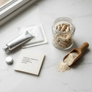 Helles Overhead-Bild von Gesundheitsprodukten auf weissem Marmor: Salbenroehre, sterile Gaze, Kapseln im Glas, Pulverloeffel