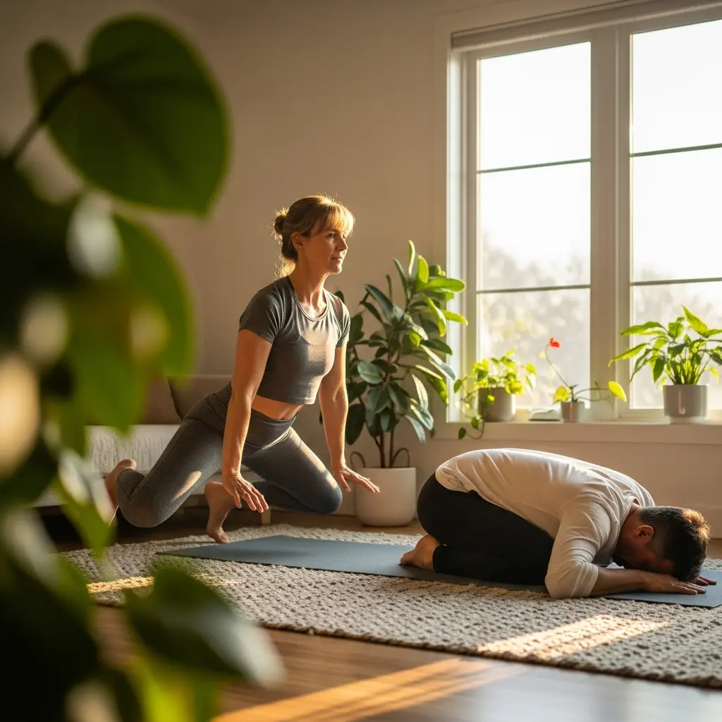 Frau in grauer Sportbekleidung in dynamischer schwebender Yoga-Pose und Mann in Kindhaltung auf Matten in sonnigem Innenraum mit Topfpflanzen